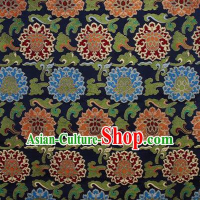 Asian Chinese Traditional Buddhism Auspicious Lotus Pattern Navy Brocade Tibetan Robe Satin Fabric Silk Material