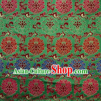 Asian Chinese Traditional Colorful Lotus Pattern Green Brocade Tibetan Robe Satin Fabric Silk Material