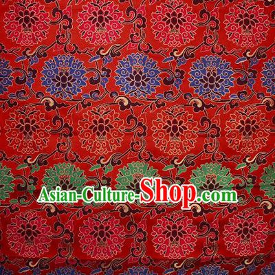 Asian Chinese Traditional Colorful Lotus Pattern Red Brocade Tibetan Robe Satin Fabric Silk Material