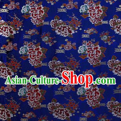 Asian Chinese Traditional Peony Plum Pattern Royalblue Brocade Tibetan Robe Satin Fabric Silk Material