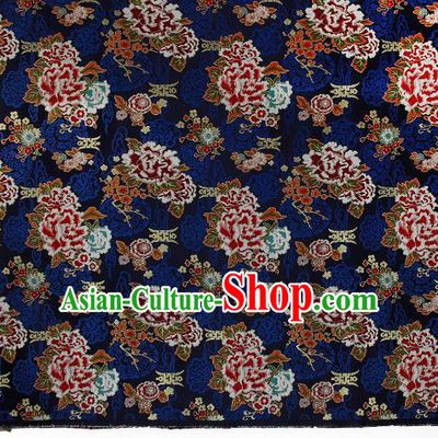 Asian Chinese Traditional Peony Plum Pattern Navy Brocade Tibetan Robe Satin Fabric Silk Material
