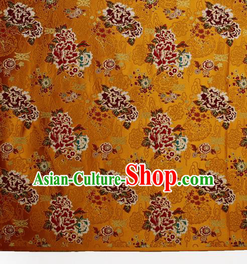 Asian Chinese Traditional Peony Plum Pattern Golden Brocade Tibetan Robe Satin Fabric Silk Material Asian Chinese Traditional Peony Plum Pattern Golden Brocade Tibetan Robe Satin Fabric Silk Material