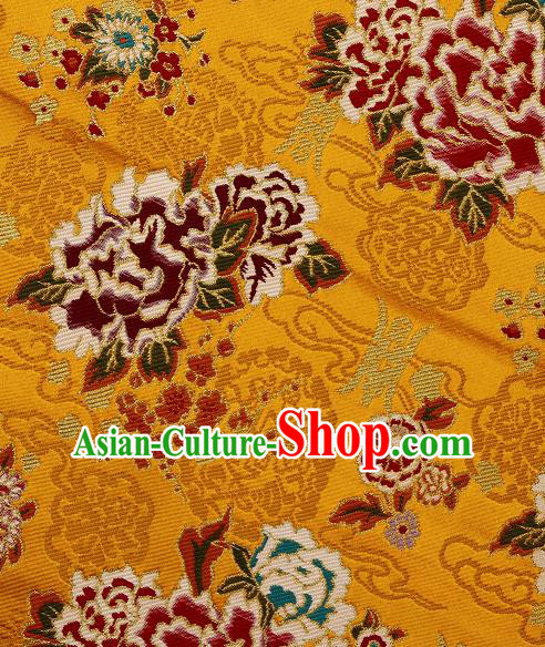 Asian Chinese Traditional Peony Plum Pattern Golden Brocade Tibetan Robe Satin Fabric Silk Material Asian Chinese Traditional Peony Plum Pattern Golden Brocade Tibetan Robe Satin Fabric Silk Material