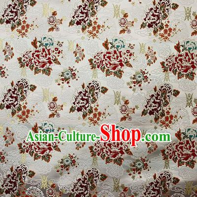 Asian Chinese Traditional Peony Plum Pattern White Brocade Tibetan Robe Satin Fabric Silk Material