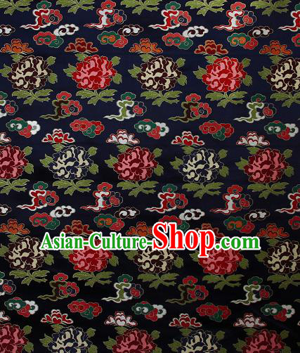Asian Chinese Traditional Cloud Peony Pattern Navy Brocade Tibetan Robe Satin Fabric Silk Material Asian Chinese Traditional Cloud Peony Pattern Navy Brocade Tibetan Robe Satin Fabric Silk Material