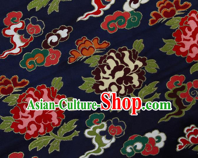 Asian Chinese Traditional Cloud Peony Pattern Navy Brocade Tibetan Robe Satin Fabric Silk Material Asian Chinese Traditional Cloud Peony Pattern Navy Brocade Tibetan Robe Satin Fabric Silk Material