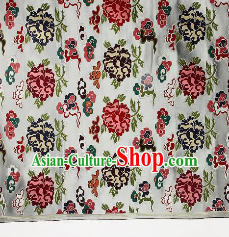Asian Chinese Traditional Cloud Peony Pattern White Brocade Tibetan Robe Satin Fabric Silk Material Asian Chinese Traditional Cloud Peony Pattern White Brocade Tibetan Robe Satin Fabric Silk Material