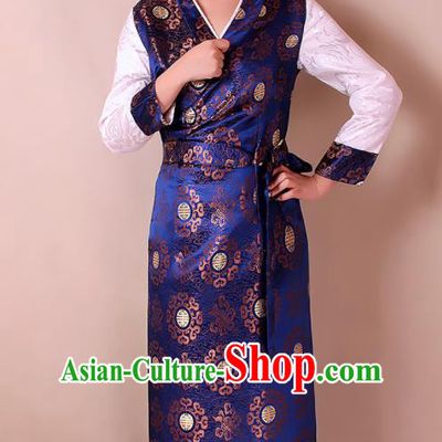 Traditional Chinese Zang Ethnic Royalblue Brocade Bora Dress Tibetan Minority Folk Dance Costume for Women