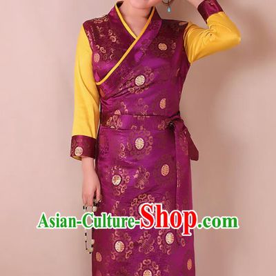 Traditional Chinese Zang Ethnic Purple Brocade Bora Dress Tibetan Minority Folk Dance Costume for Women