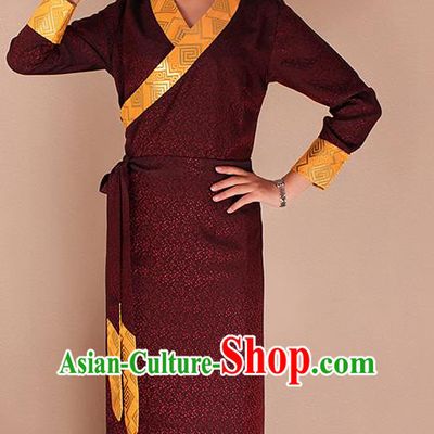 Traditional Chinese Zang Ethnic Kangba Purplish Red Dress Tibetan Minority Folk Dance Costume for Women