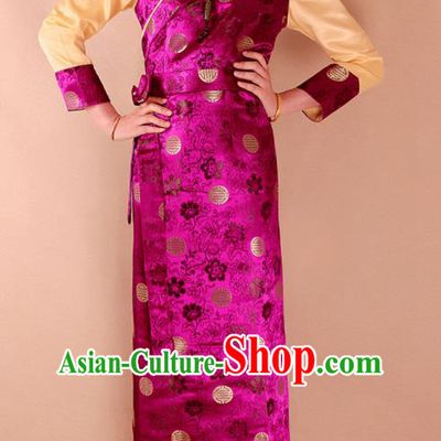 Traditional Chinese Zang Ethnic Kangba Rosy Brocade Dress Tibetan Minority Folk Dance Costume for Women