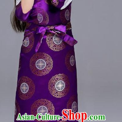 Traditional Chinese Zang Ethnic Girls Purple Dress Tibetan Minority Folk Dance Costume for Kids