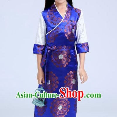 Traditional Chinese Zang Ethnic Girls Royalblue Brocade Dress Tibetan Minority Folk Dance Costume for Kids