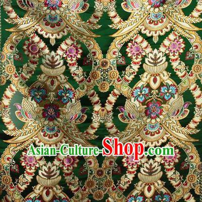 Asian Chinese Traditional Buddhism Galsang Flower Pattern Green Brocade Tibetan Robe Satin Fabric Silk Material
