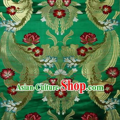 Asian Chinese Traditional Phoenix Galsang Flowers Pattern Green Brocade Tibetan Robe Satin Fabric Silk Material
