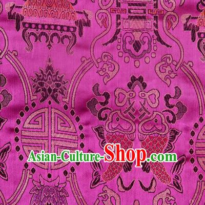 Asian Chinese Traditional Fish Lotus Pattern Rosy Brocade Tibetan Robe Satin Fabric Silk Material