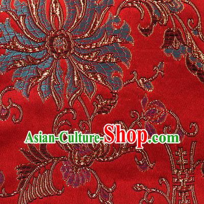 Asian Chinese Traditional Chrysanthemum Pattern Red Brocade Tibetan Robe Satin Fabric Silk Material