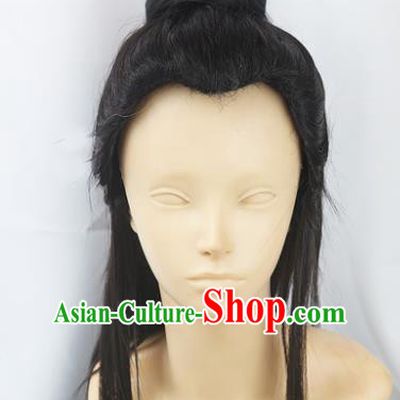 Chinese Traditional Cosplay Young Hero Black Wigs Ancient Swordsman Wig Sheath Hair Accessories for Men