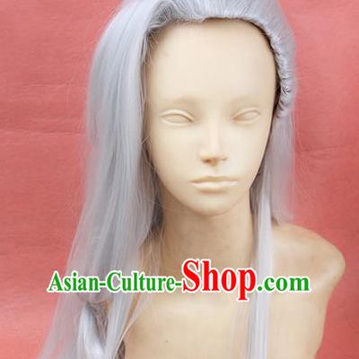 Chinese Traditional Cosplay Taoist White Long Wigs Ancient Swordsman Wig Sheath Hair Accessories for Men
