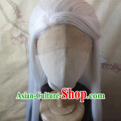 Traditional Chinese Cosplay Game Knight Patriarch White Wigs Ancient Swordsman Wig Sheath Hair Accessories for Men