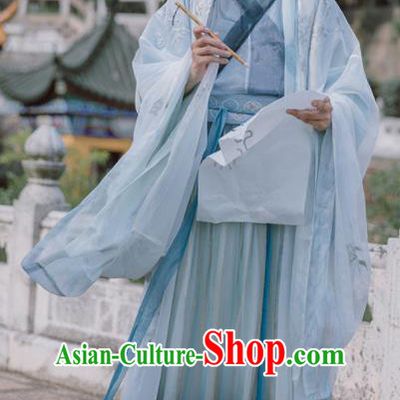 Traditional Chinese Jin Dynasty Nobility Childe Blue Hanfu Clothing Ancient Swordsman Prince Replica Costumes for Men