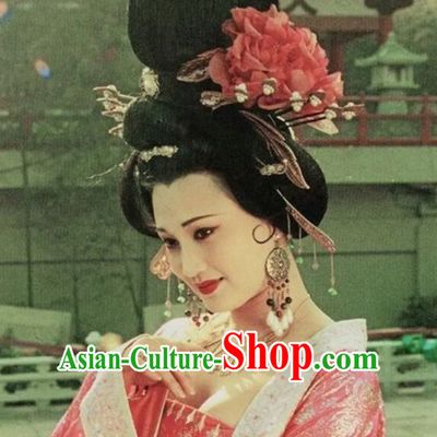 Chinese Classical Ancient Female Tang Dynasty Yang Yuhuan Empress Wig and Hair Jewelry Set
