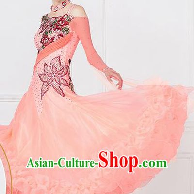 Professional International Waltz Dance Light Pink Dress Ballroom Dance Modern Dance Competition Costume for Women