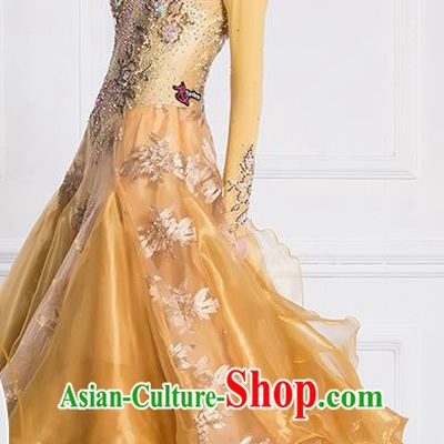 Professional International Waltz Dance Golden Dress Ballroom Dance Modern Dance Competition Costume for Women