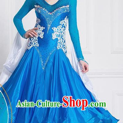 Professional International Waltz Dance Blue Dress Ballroom Dance Modern Dance Competition Costume for Women