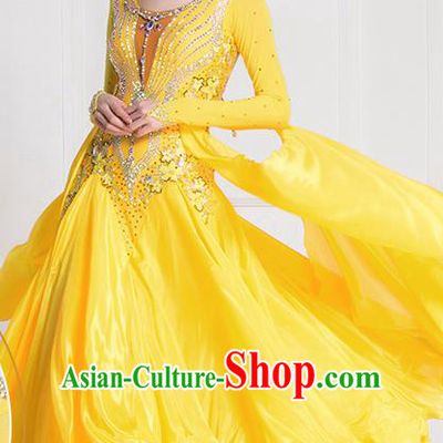 Professional International Waltz Dance Yellow Dress Ballroom Dance Modern Dance Competition Costume for Women