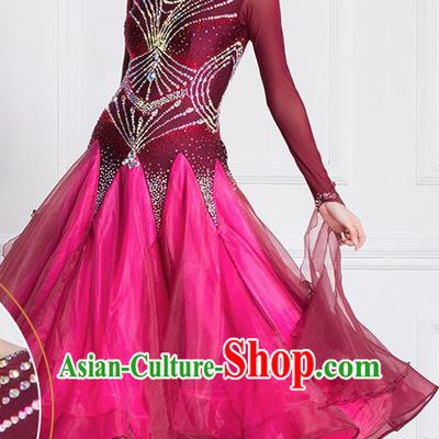Professional International Waltz Dance Wine Red Dress Ballroom Dance Modern Dance Competition Costume for Women