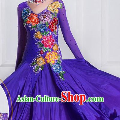 Professional Modern Dance Waltz Purple Dress International Ballroom Dance Competition Costume for Women