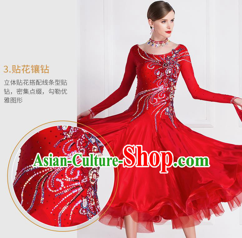 Professional Modern Dance Waltz Red Dress International Ballroom Dance Competition Costume for Women