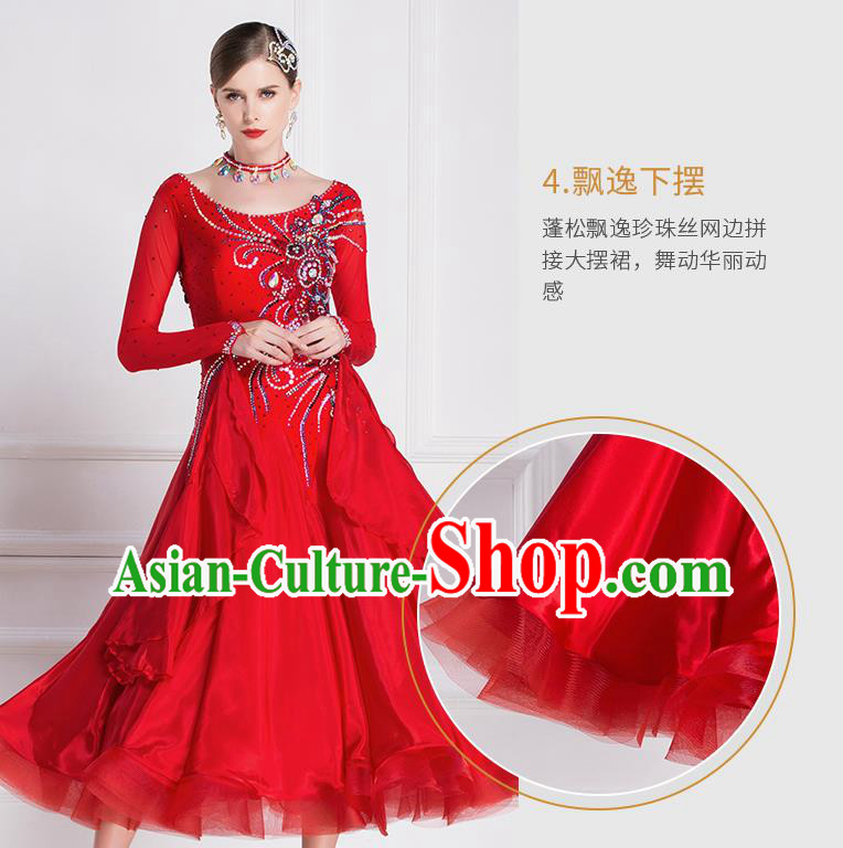 Professional Modern Dance Waltz Red Dress International Ballroom Dance Competition Costume for Women