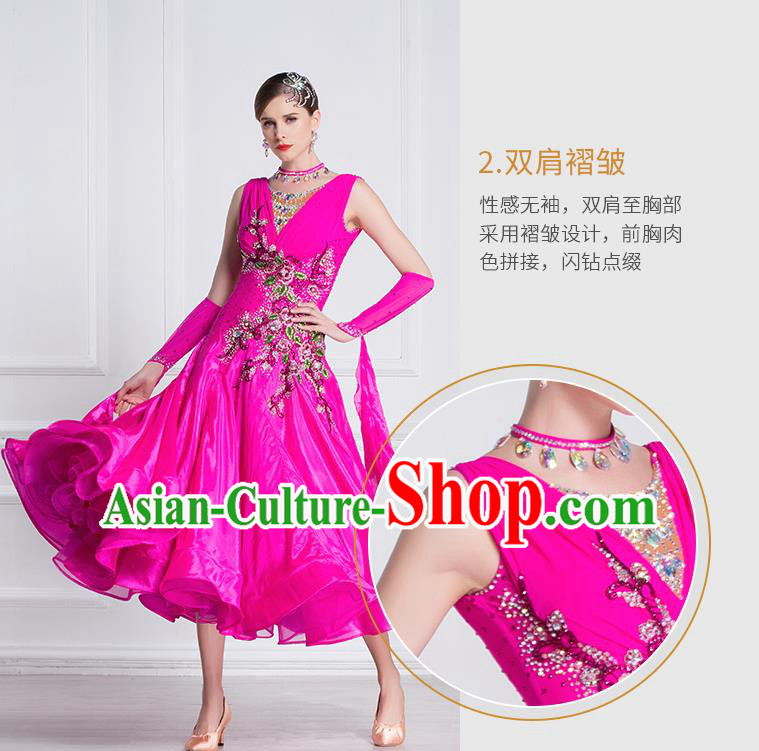 Professional Modern Dance Waltz Rosy Dress International Ballroom Dance Competition Costume for Women
