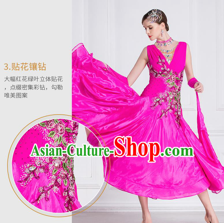 Professional Modern Dance Waltz Rosy Dress International Ballroom Dance Competition Costume for Women