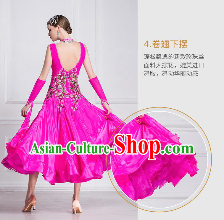 Professional Modern Dance Waltz Rosy Dress International Ballroom Dance Competition Costume for Women
