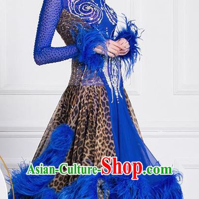 Professional International Waltz Dance Royalblue Feather Dress Ballroom Dance Modern Dance Competition Costume for Women