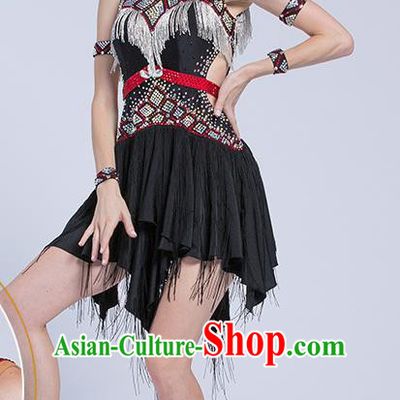 Top Latin Dance Competition Black Tassel Dress Modern Dance International Rumba Dance Costume for Women