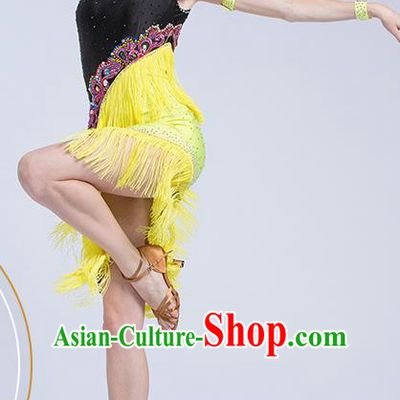 Top Latin Dance Competition Yellow Tassel Dress Modern Dance International Rumba Dance Costume for Women
