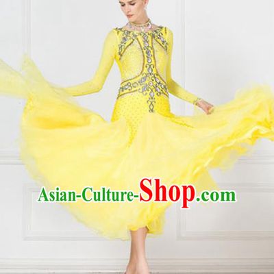 Professional Modern Dance Waltz Competition Diamante Yellow Dress International Ballroom Dance Costume for Women
