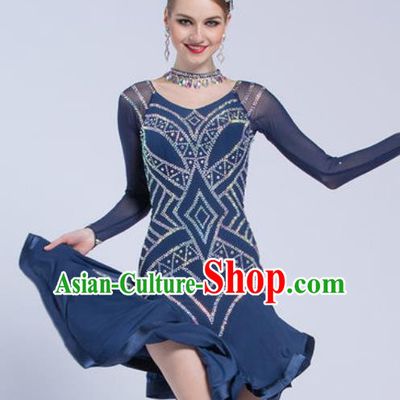 Top Latin Dance Competition Navy Dress Modern Dance International Rumba Dance Costume for Women