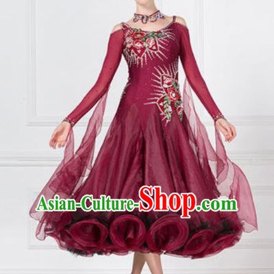 Professional Modern Dance Waltz Wine Red Dress International Ballroom Dance Competition Costume for Women