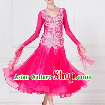 Professional Modern Dance Waltz Rosy Veil Dress International Ballroom Dance Competition Costume for Women