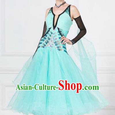 Professional Modern Dance Waltz Light Blue Veil Dress International Ballroom Dance Competition Costume for Women