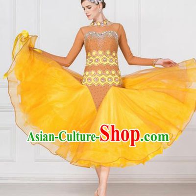 Professional Modern Dance Waltz Yellow Veil Dress International Ballroom Dance Competition Costume for Women