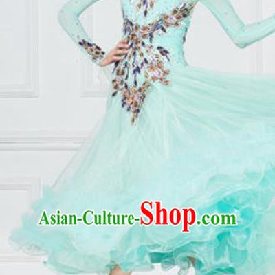 Professional Modern Dance Waltz Light Green Veil Dress International Ballroom Dance Competition Costume for Women
