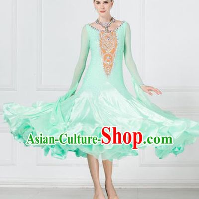 Professional Modern Dance Waltz Light Green Dress International Ballroom Dance Competition Costume for Women