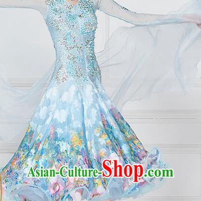 Professional Modern Dance Waltz Competition Blue Lace Dress International Ballroom Dance Costume for Women