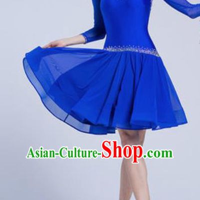 Top Latin Dance Competition Royalblue Short Dress Modern Dance International Rumba Dance Costume for Women